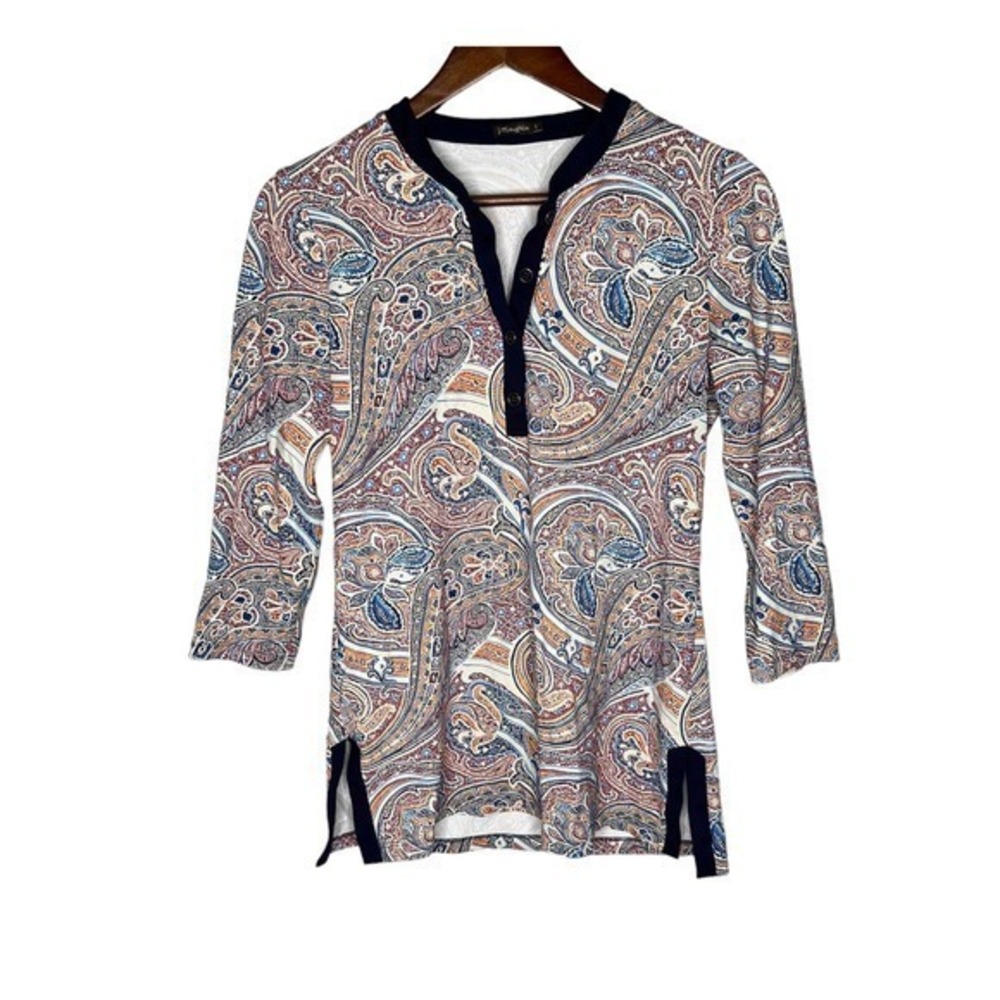 J. McLaughlin Catalina Henley Paisley 3/4 Snap Tunic Top button neck size small